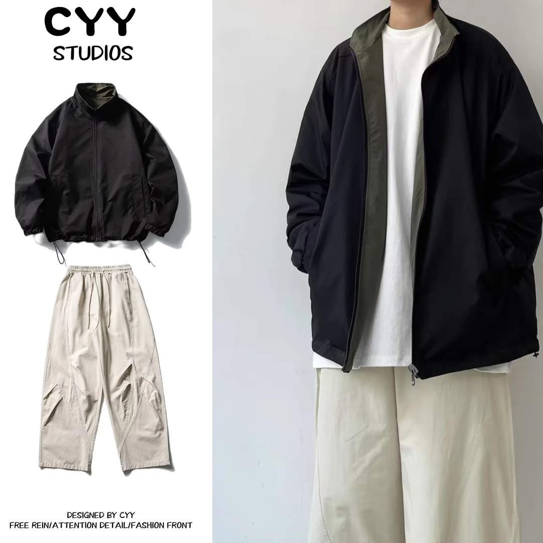 两件装/单件两面穿外套男春秋日系复古宽松休闲百搭立领冲锋夹克