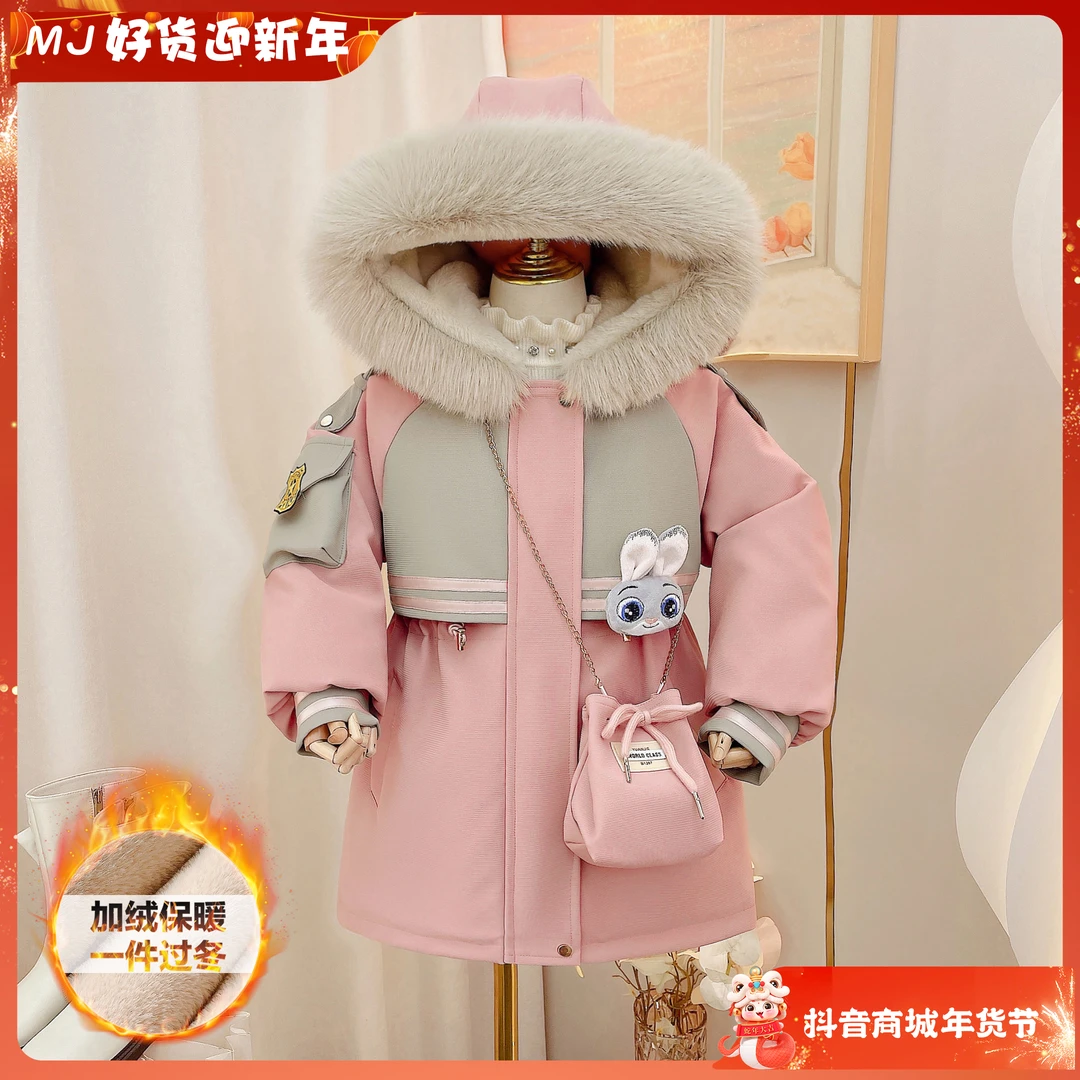 2024冬季女童派克服加绒加厚收腰保暖连帽皮派克外套4530029298