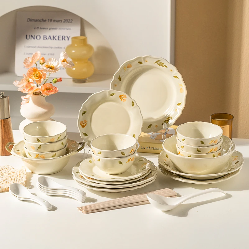 摩登主妇桔梗釉下彩餐具饭碗家用2025新款碗具盘子特别好看的小碗