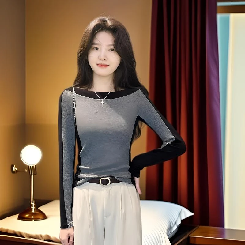 Fmseruios螺纹一字领拼色长袖t恤女秋冬春游气质洋气打底衫上衣潮