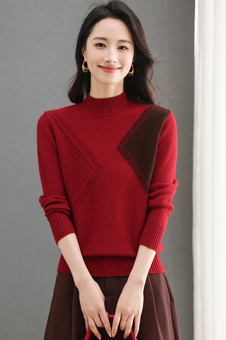 2024新款冬季女士半高领毛衣加厚保暖洋气宽松显瘦打底时尚拼色