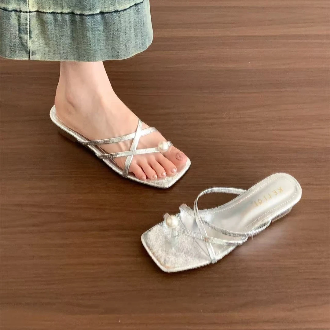 网红坡跟银色套趾拖鞋仙女外穿夏季配裙子法式小凉拖