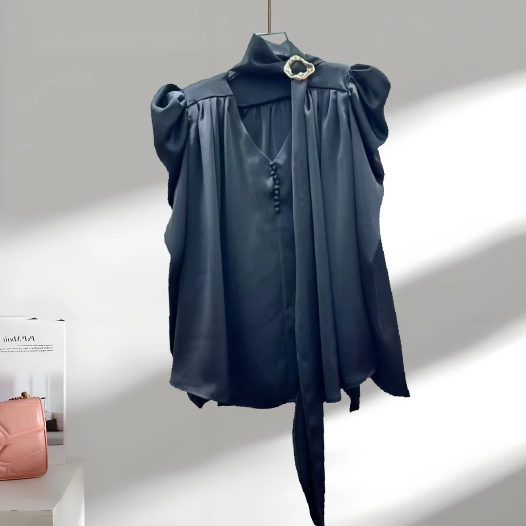 法式洋气纽扣飘带木耳花边单排扣宽松衬衫花边领衬衣上衣品质女装