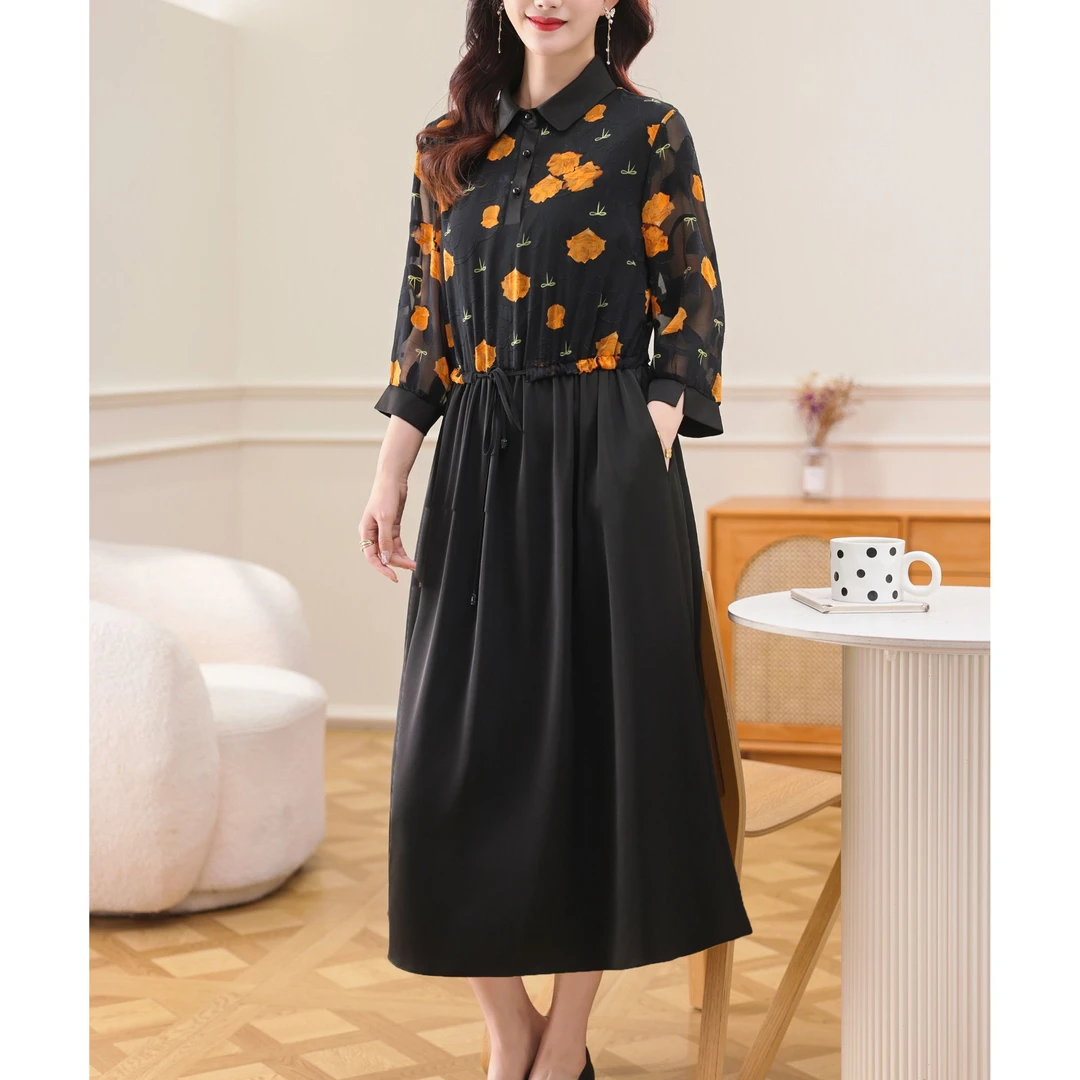 花色拼接拼色衬衫领连衣裙高贵气质妈妈夏装调节腰带显瘦06