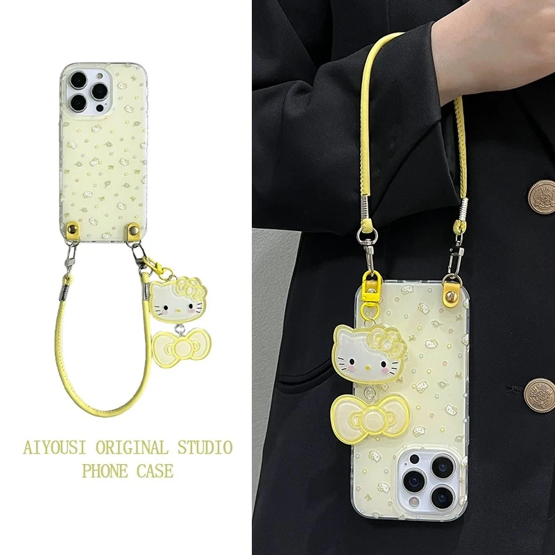 小清新浅黄星星kt猫挂件手提适用苹果16promax手机壳iPhone15新14