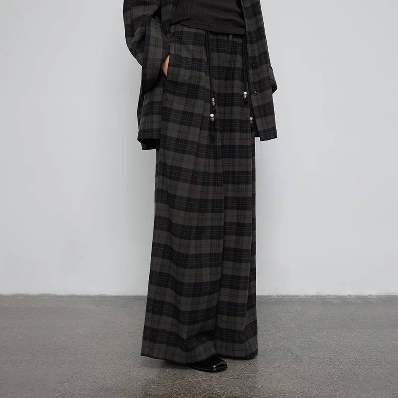 半圆纯棉女装2025[复古]秋季宽松休闲格纹阔腿裤子女Q5713724