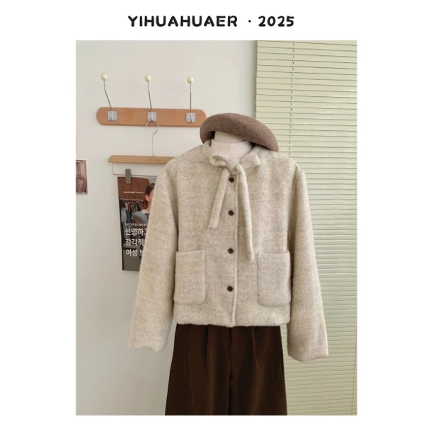 【韩剧女主】东大门韩版气质双口袋蝴蝶结百搭保暖呢子外套9833