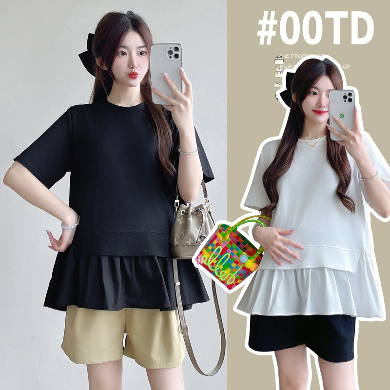 孕妇装夏季新款韩版休闲宽松拼接圆领短袖娃娃衫减龄遮肚T恤上衣