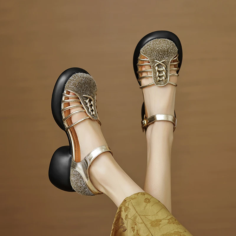 踩屎感真皮包头厚底凉鞋女2025新款夏季镂空猪笼鞋法式粗跟高跟鞋