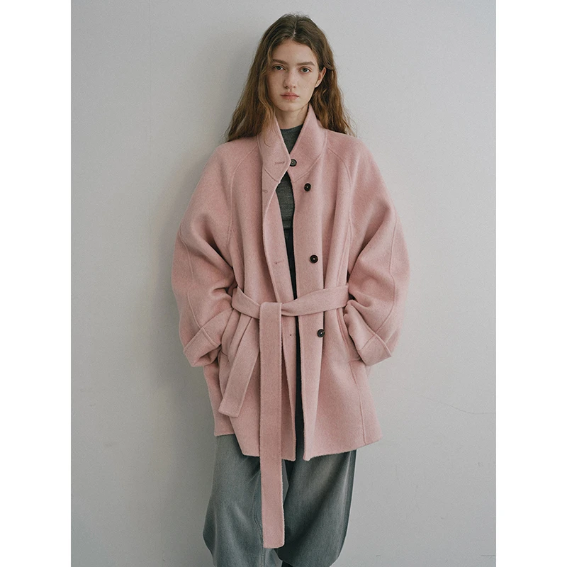 popchrio◆简约立领羊绒羊毛系带双面呢大衣小个子短款毛呢外套女