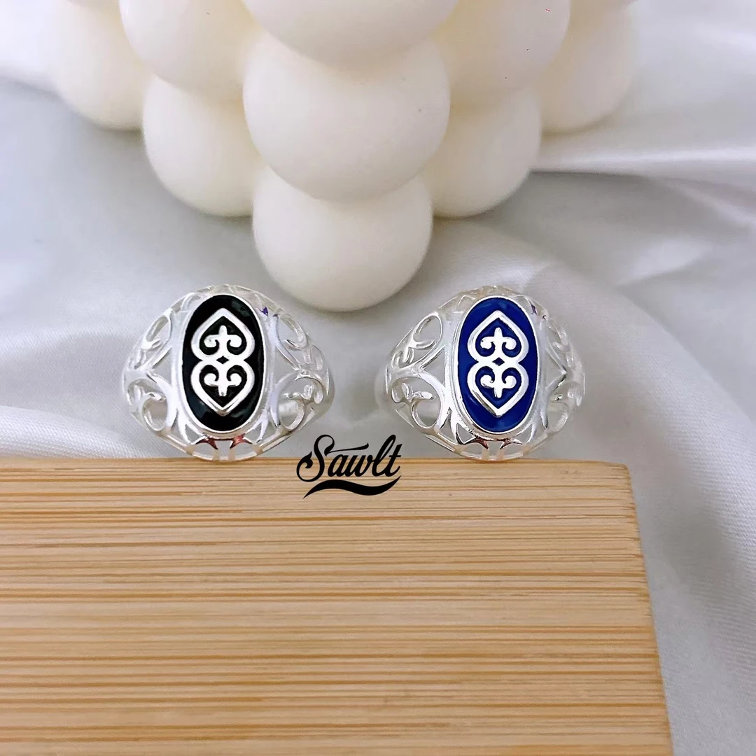 足银戒指 S990 纯银男士戒指蓝黑两种颜色民族风简约银戒