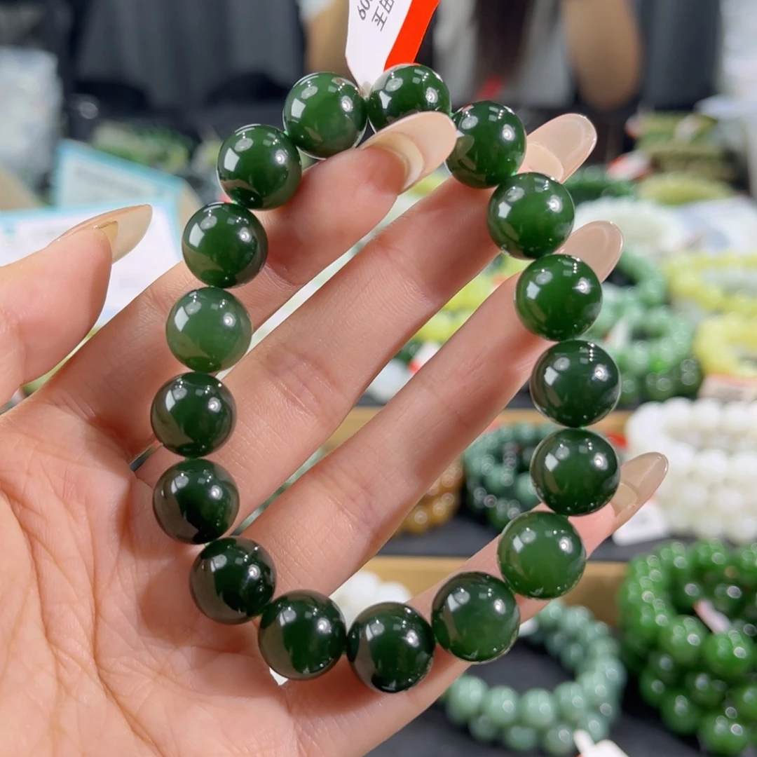 未镶嵌手链和田玉纯天然和田玉12mm俄料碧玉菠菜绿圆珠