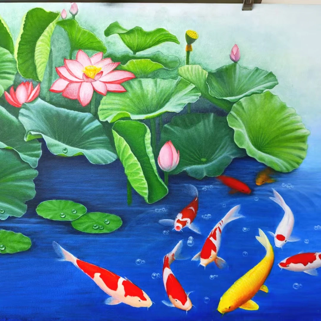 油画新款（荷花九鱼图）客厅餐厅玄关60cmX90cm装饰画大气招财锦鲤