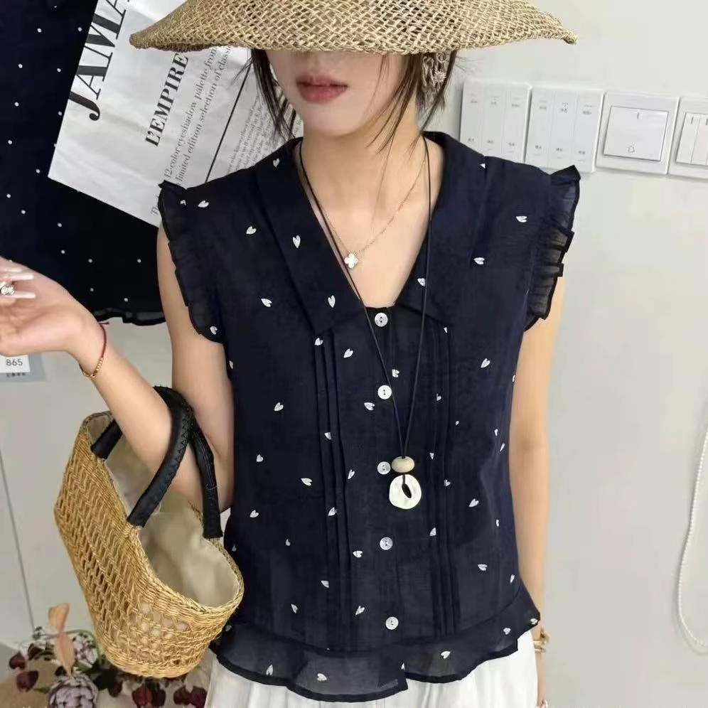 【女人家】878夏季新款设计感木耳边翻领无袖衬衫百搭洋气上衣