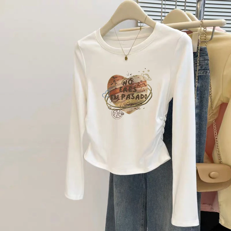 2025新款正肩圆领收腰长袖t恤女内搭修身褶皱上衣打底衫春秋冬季