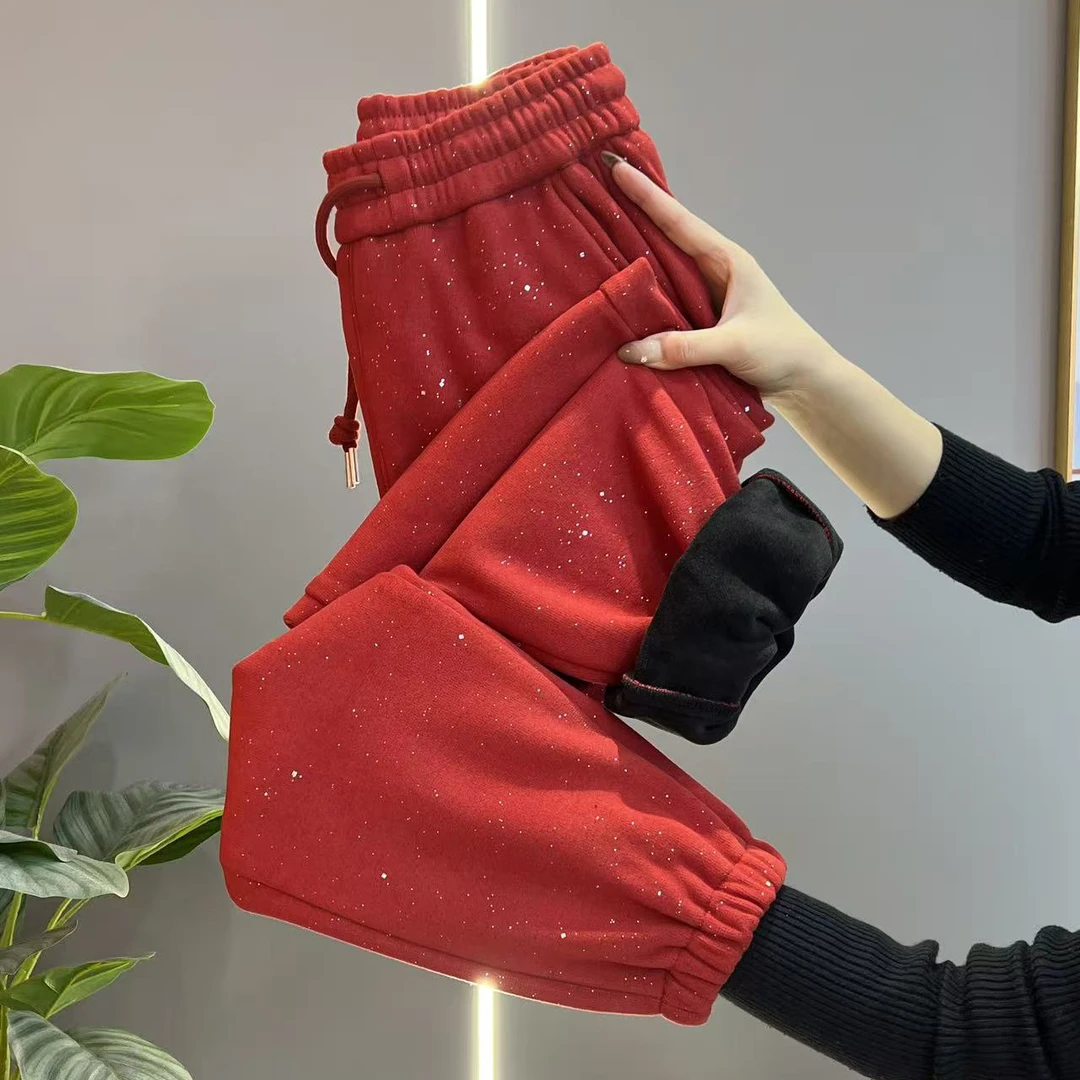 冬加绒加厚新款星空亮片束脚哈伦裤女高腰宽松保暖显瘦百搭直筒裤