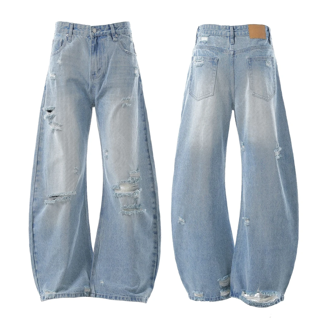 【GD系列】春季美式复古水洗破洞纹理感高街百搭弯刀牛仔裤903-170