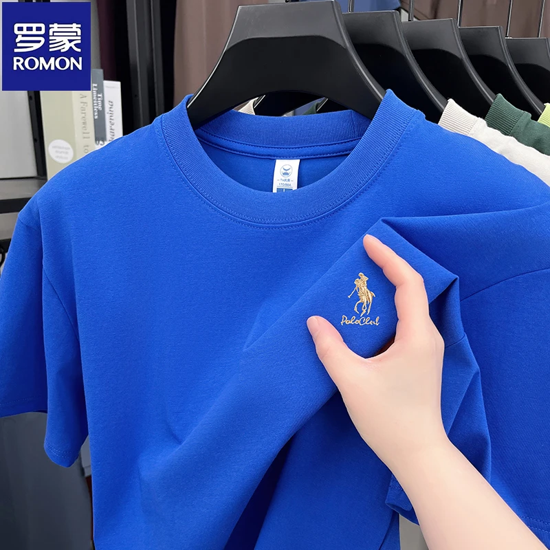 罗蒙纯色棉质百搭时尚刺绣短袖t恤衫夏季休闲男士新款圆领上衣服