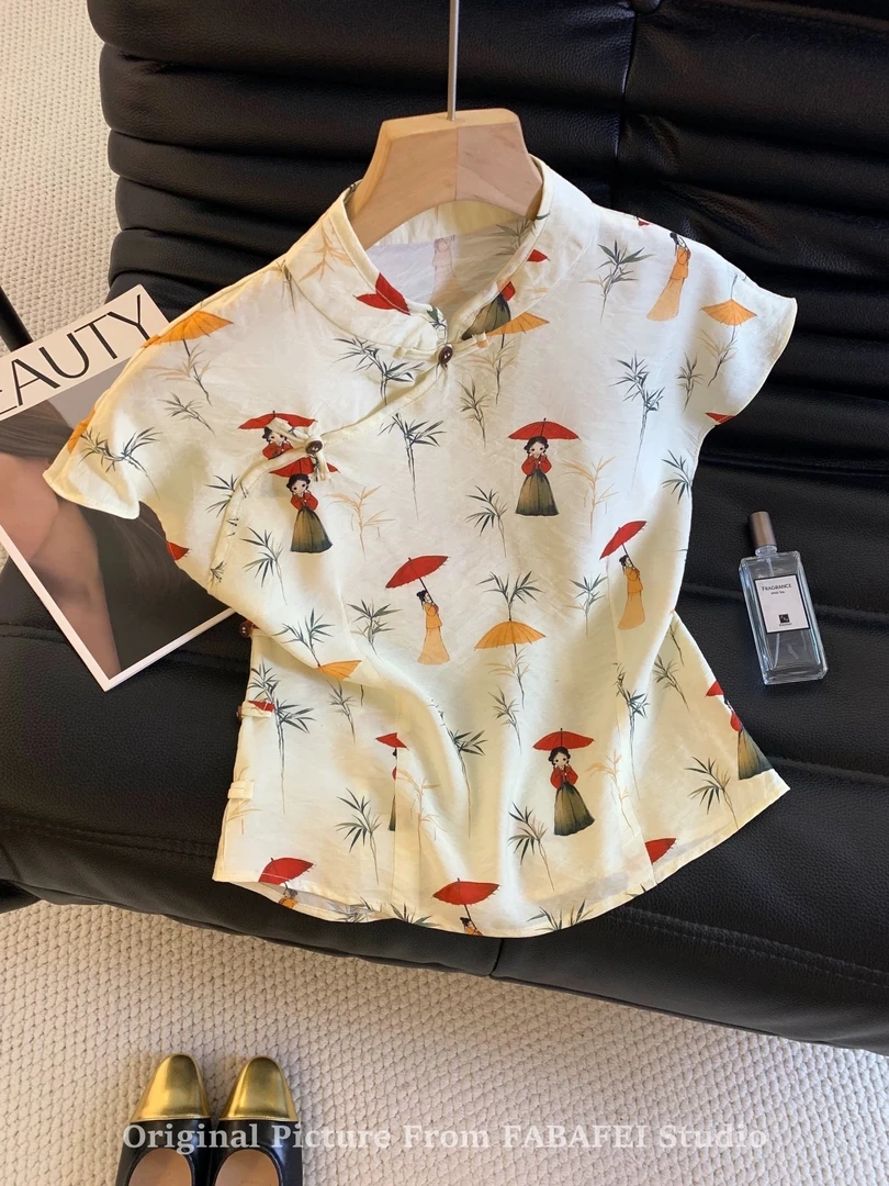 新中式唐人印花小飞袖衬衫女夏季2025国风斜襟盘扣小衫旗袍领上衣