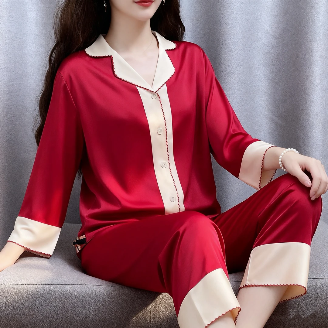 女士春秋季长袖红色本命年轻奢高级感法式薄款睡衣家居服