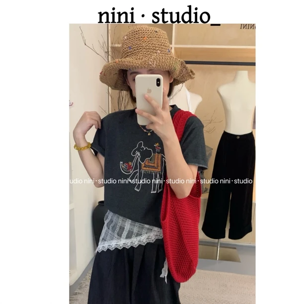 nini·大笨象重工刺绣韩系ins风短袖T恤