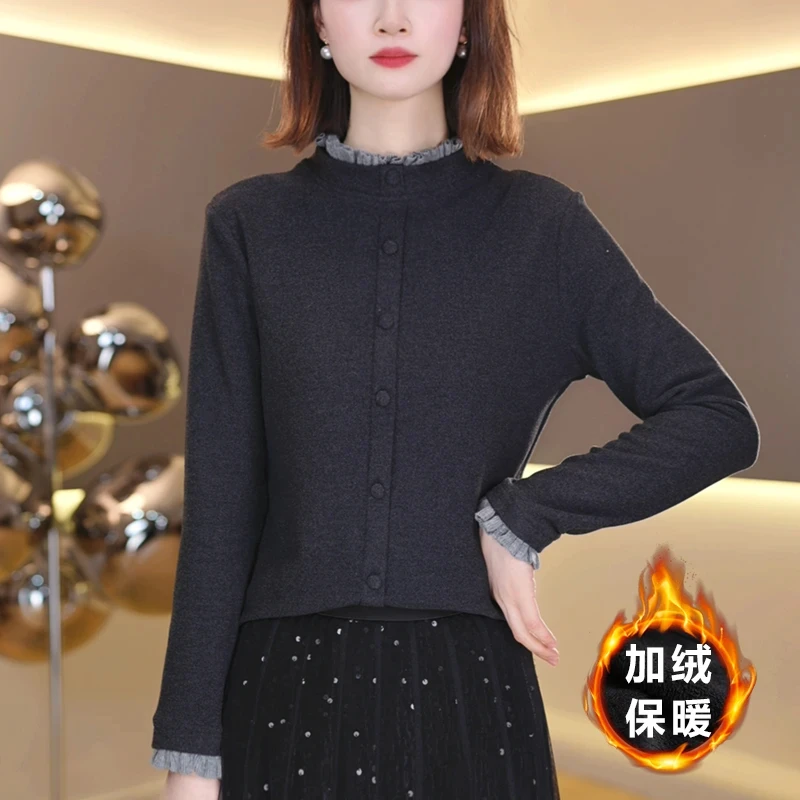 冬季新款加绒保暖打底衫女气质设计感长袖上衣T恤D