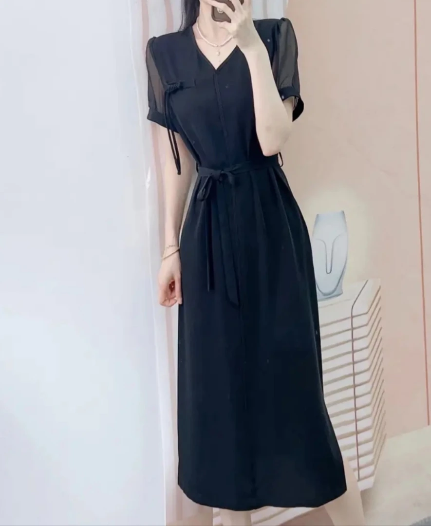 GL096盘扣时尚气质显瘦连衣裙夏季秋季洋气短袖