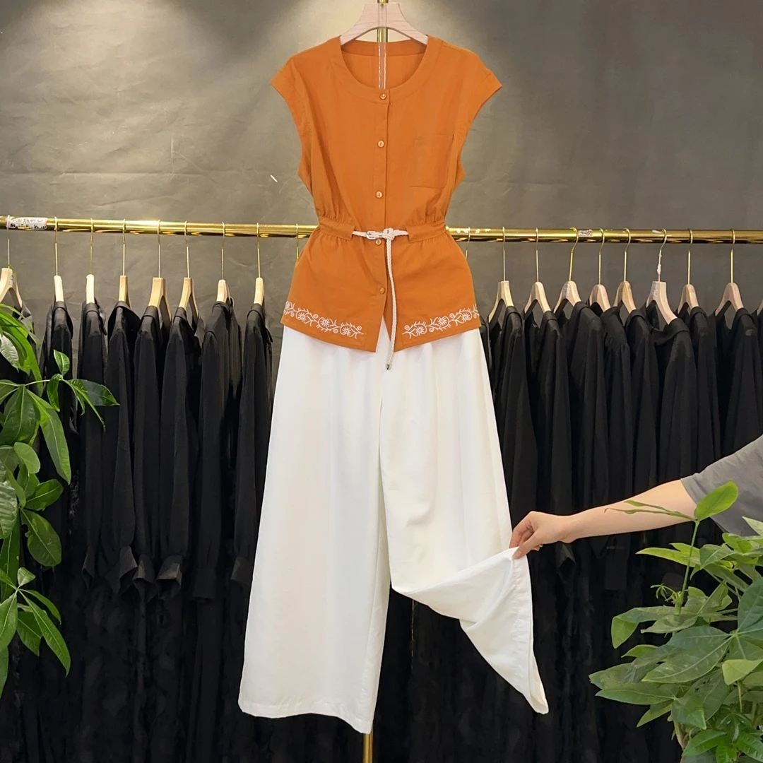 A507 法式南瓜橘色系带短袖衬衫夏季飞飞袖上衣独特漂亮小衫套装