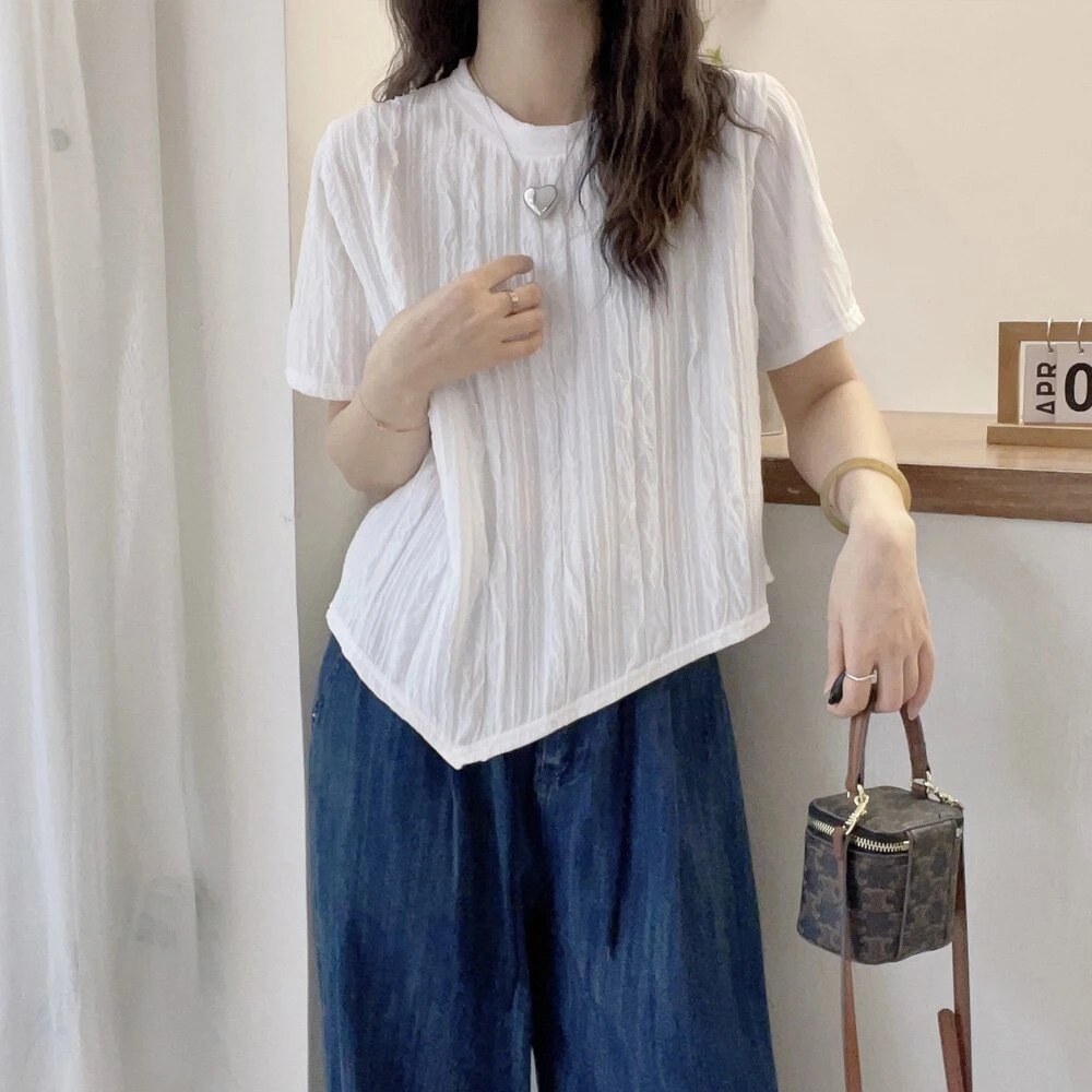 肌理感不规则夏季新款韩版简约复古内搭显瘦短袖圆领T恤休闲上衣