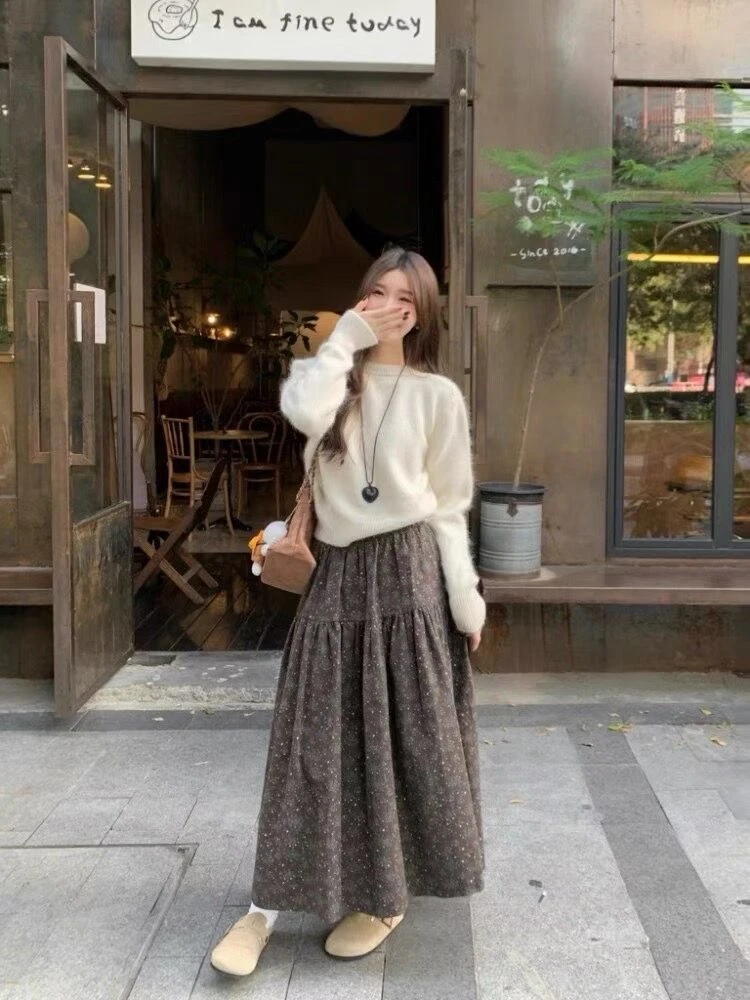 【201-301】韩系复古碎花半身裙女2025秋冬款复古高腰中长款a字裙