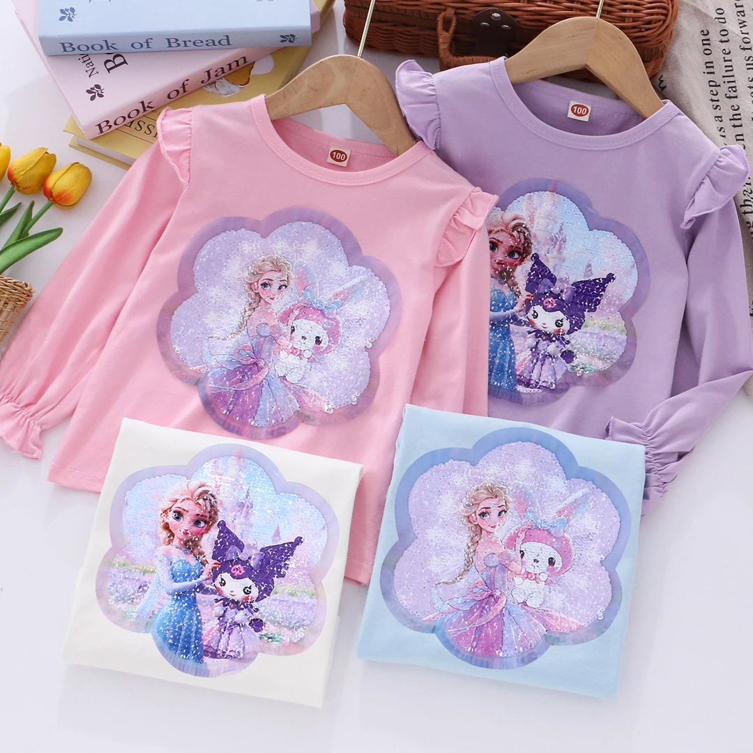女童变色T恤春秋季儿童装卡通亮片衣服宝宝长袖上衣女孩打底衫