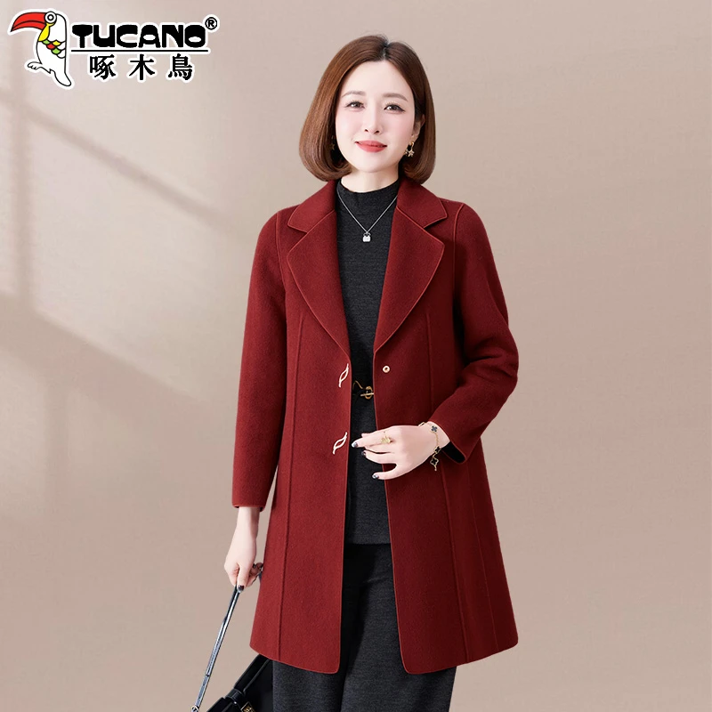 啄木鸟红色双面羊绒大衣女款2025新款秋冬女士中长款羊毛呢子外套