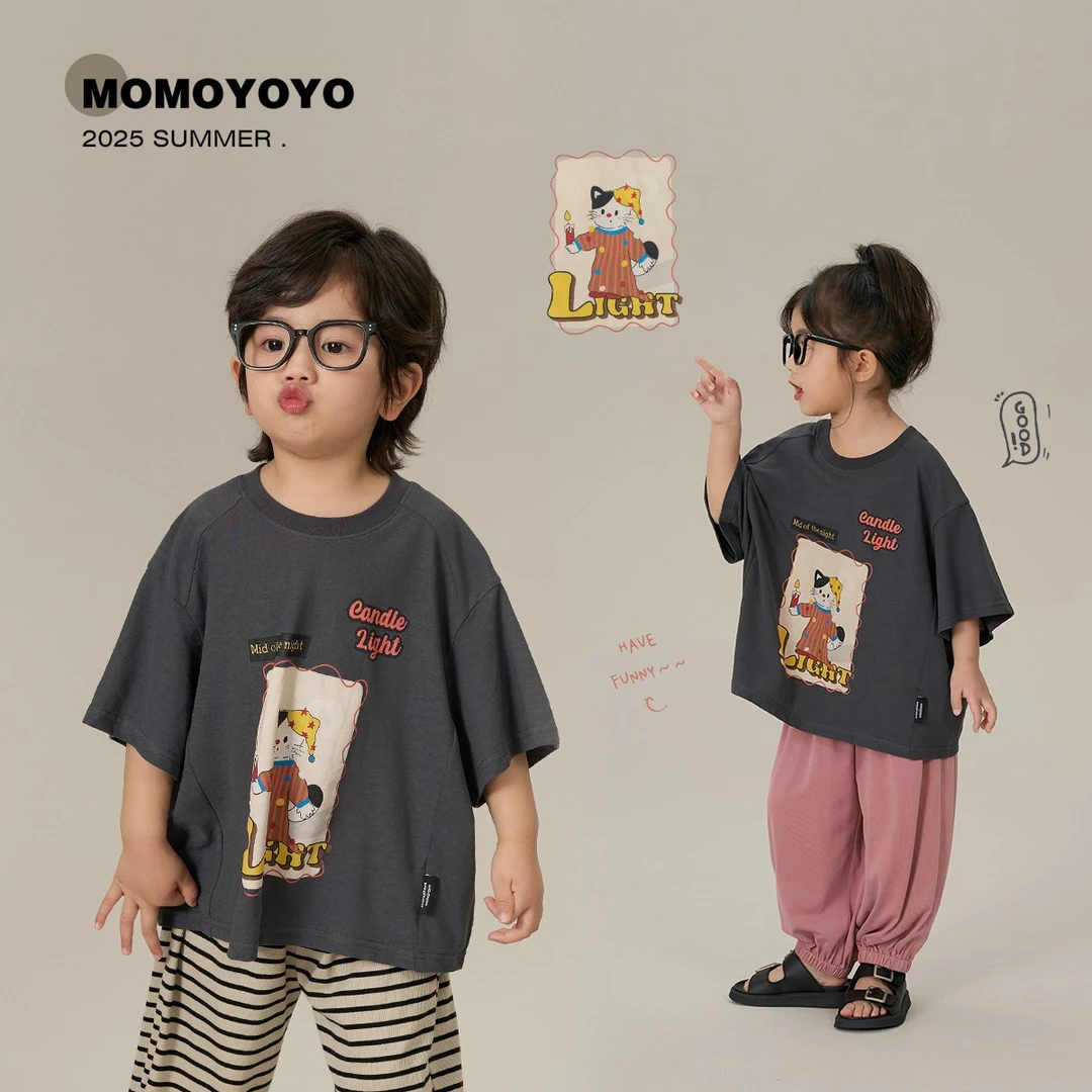 辰辰妈【蜡烛猫】男童T恤涂鸦儿童上衣高捻印花帅气宽松T恤 8145X