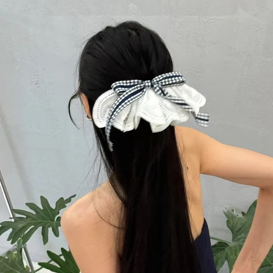韩国ins新款格纹蝴蝶结蕾丝花边发夹 时尚设计感弹簧夹马尾夹发饰