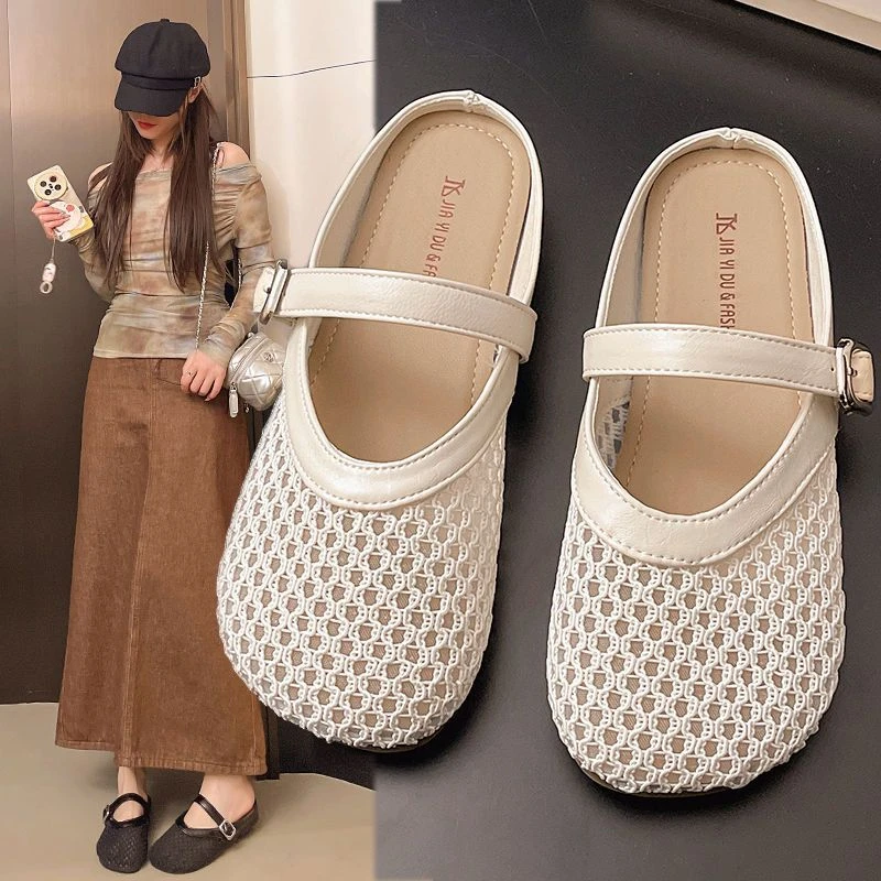编织镂空百搭平底休闲包头拖春夏软底防滑透气半拖韩版时尚夏季