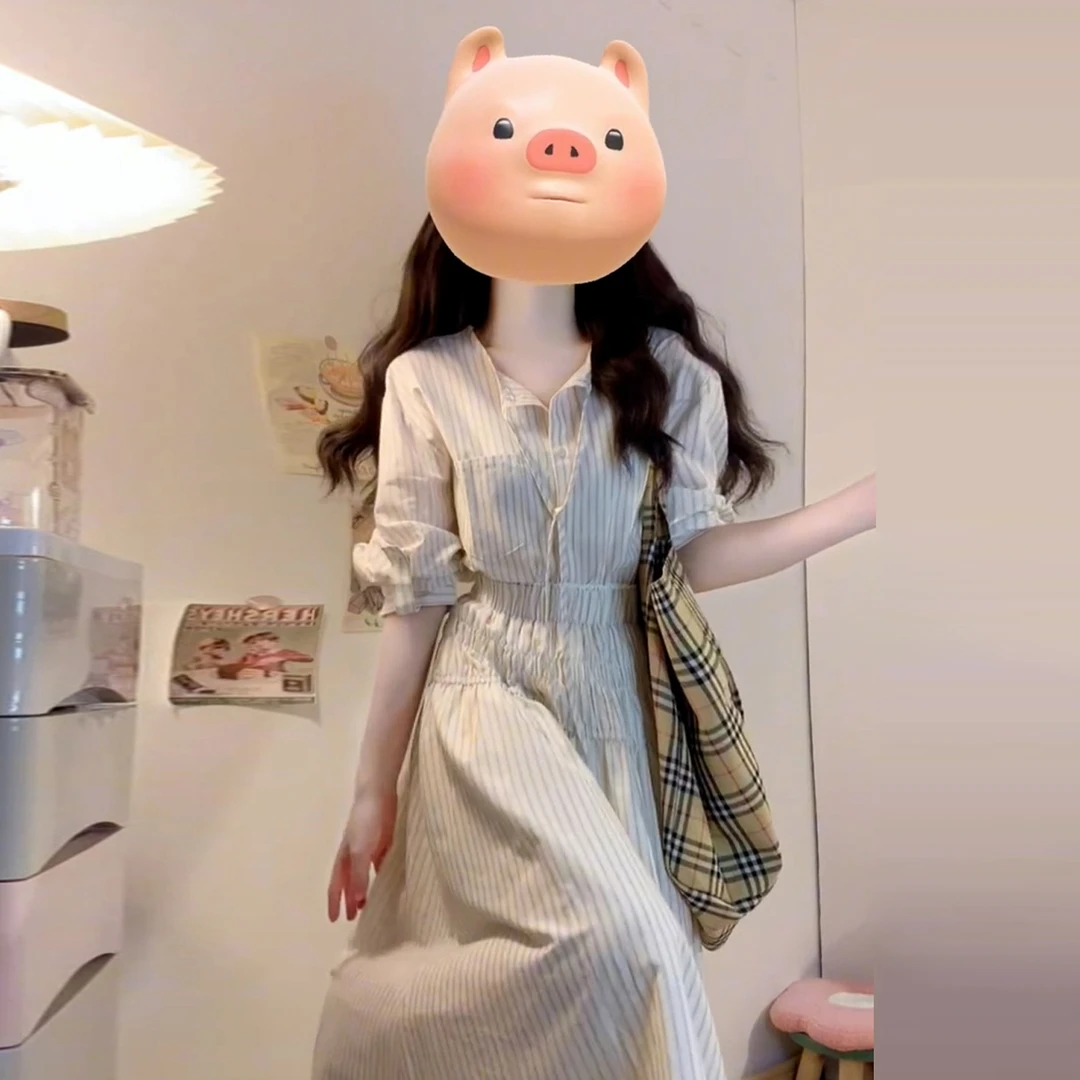 小个子条纹衬衫连衣裙子女夏季2025新款今年流行爆款韩系套装长裙