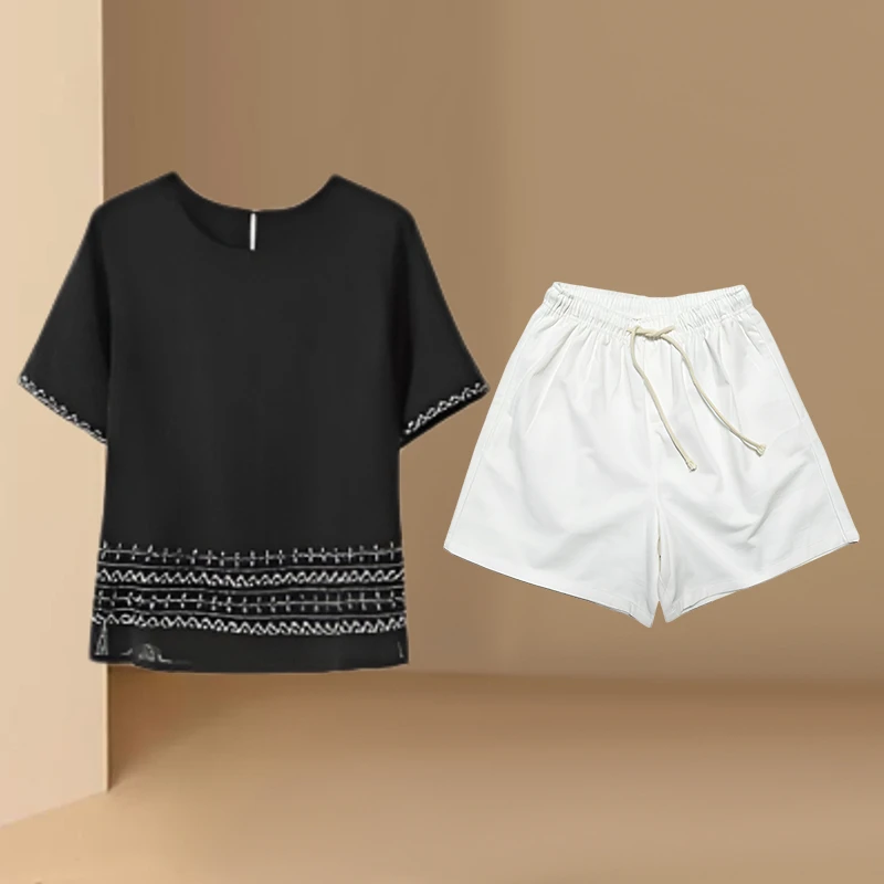 时尚减龄洋气圆领印花短袖T恤休闲短裤套装女夏季设计感小众穿搭