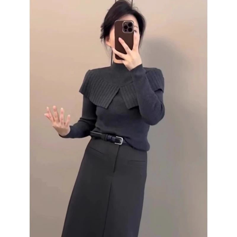 芊芊芙2025秋冬新款半高领荷叶边披肩毛针织衫女小众修身显瘦上衣