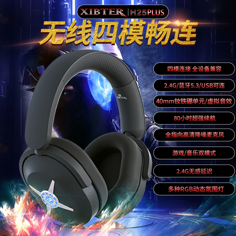 波塞冬H25Plus无线蓝牙2.4G头戴式电竞耳机长续航低延迟四模连接