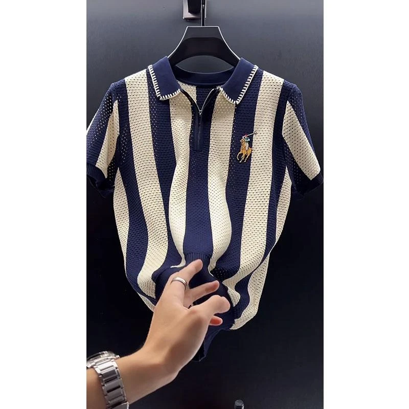 欧货轻奢高定休闲男装上衣2025新款高级感大牌刺绣镂空条纹T恤夏