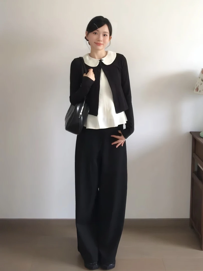 2025新款秋季穿搭黑色开衫无袖上衣高腰休闲阔腿裤时尚三件套装女