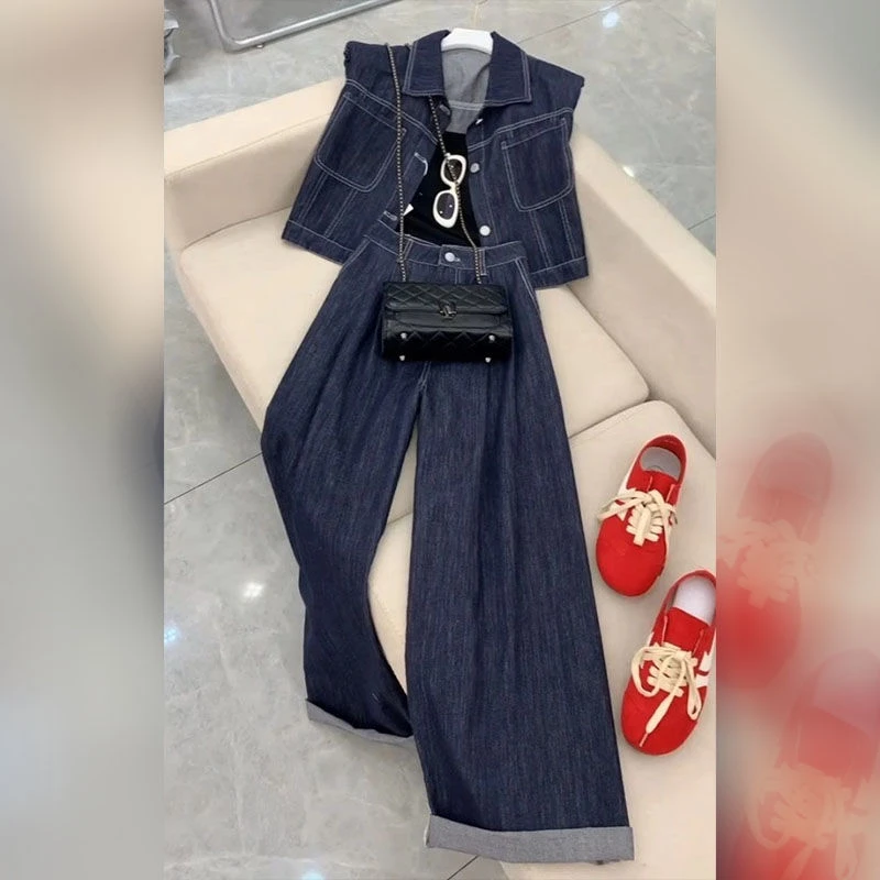 夏日穿搭一整套2025新款高级感百搭牛仔马甲上衣牛仔阔腿裤两件套