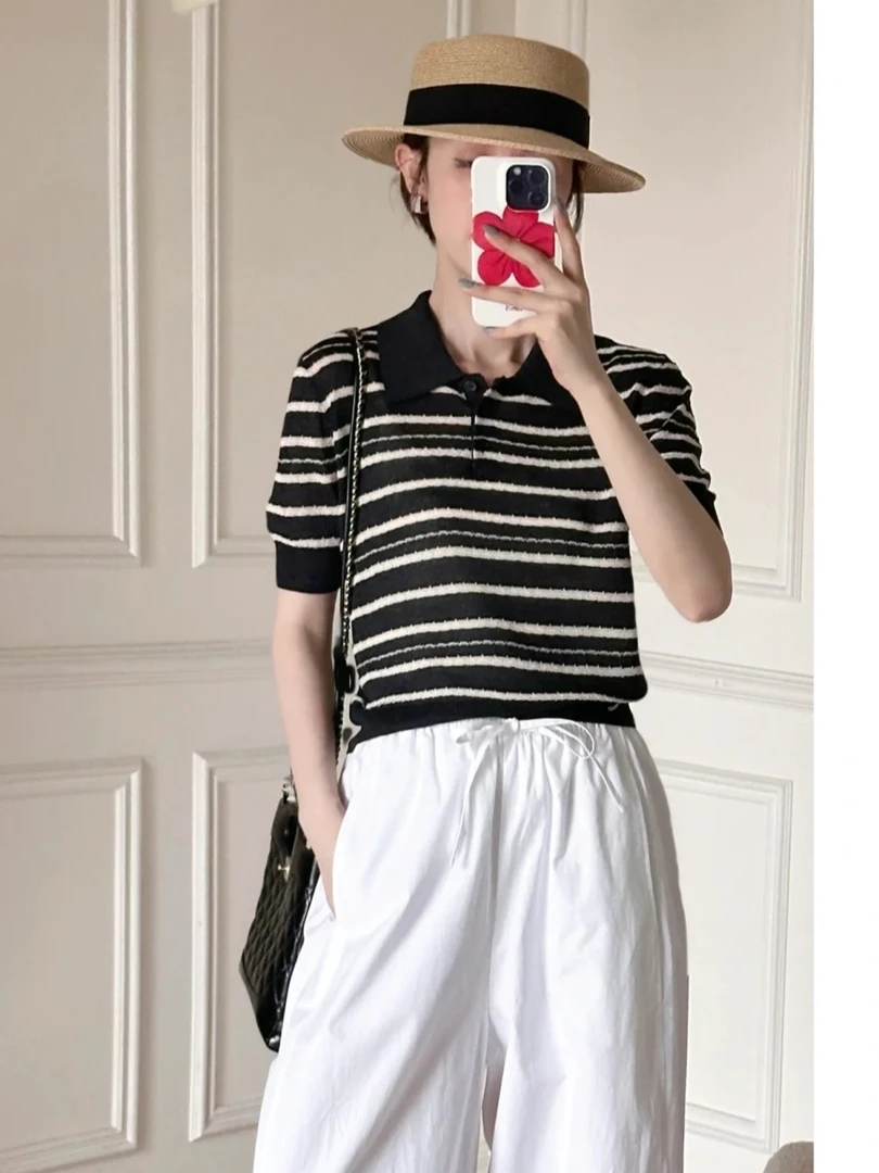 亲妈~2025夏季新款简约休闲百搭短款条纹针织衫T恤短袖