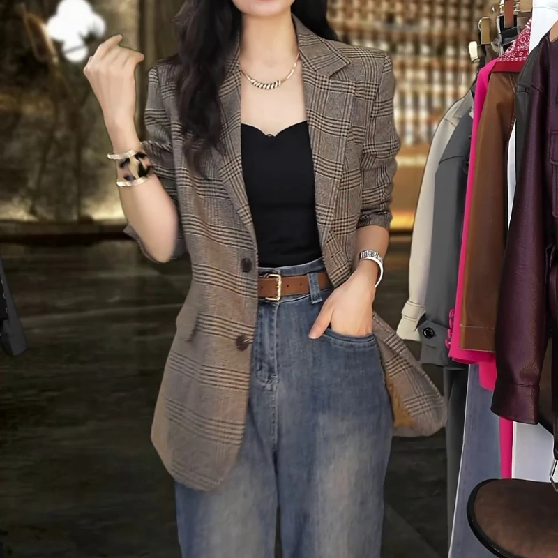 复古西装新款外套2025长袖春秋韩版上衣英伦休闲格子修身显瘦西服