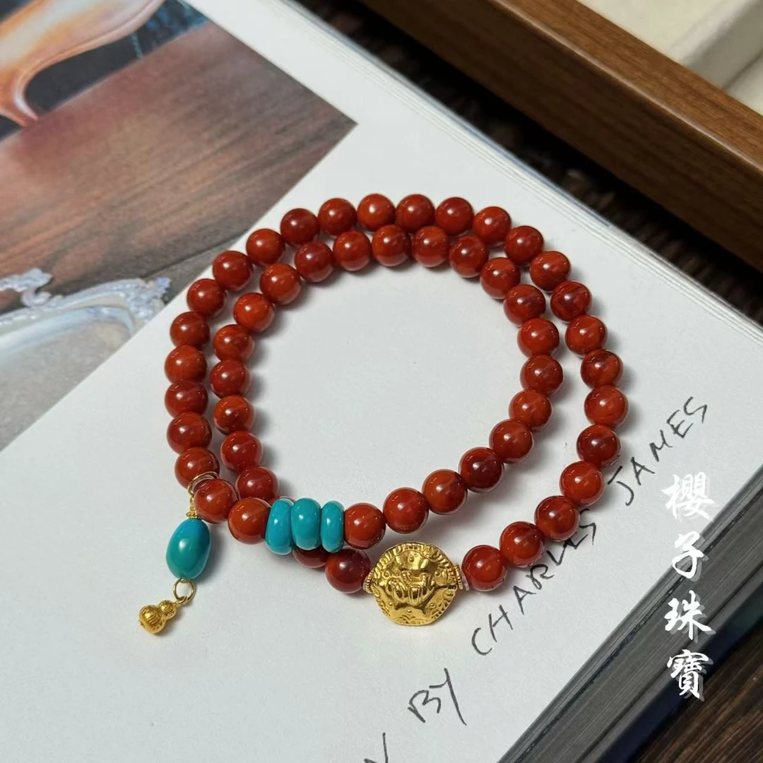 樱子 | 安纳 18K金原矿南红圆珠绿松藏扣时尚双圈手串*YZNHS3907