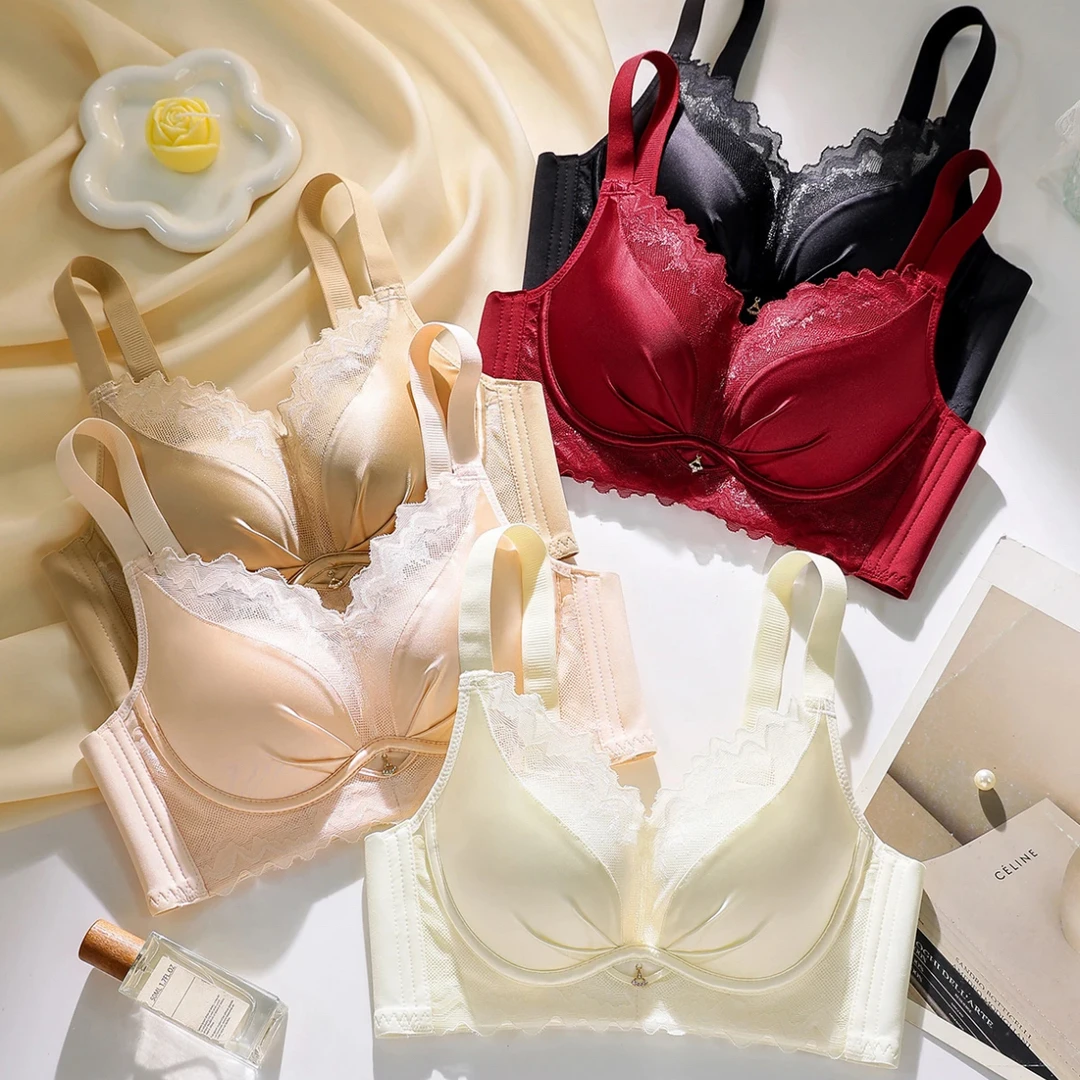 桑蚕丝缎面蕾丝聚拢无钢圈调整型防下垂女士内衣