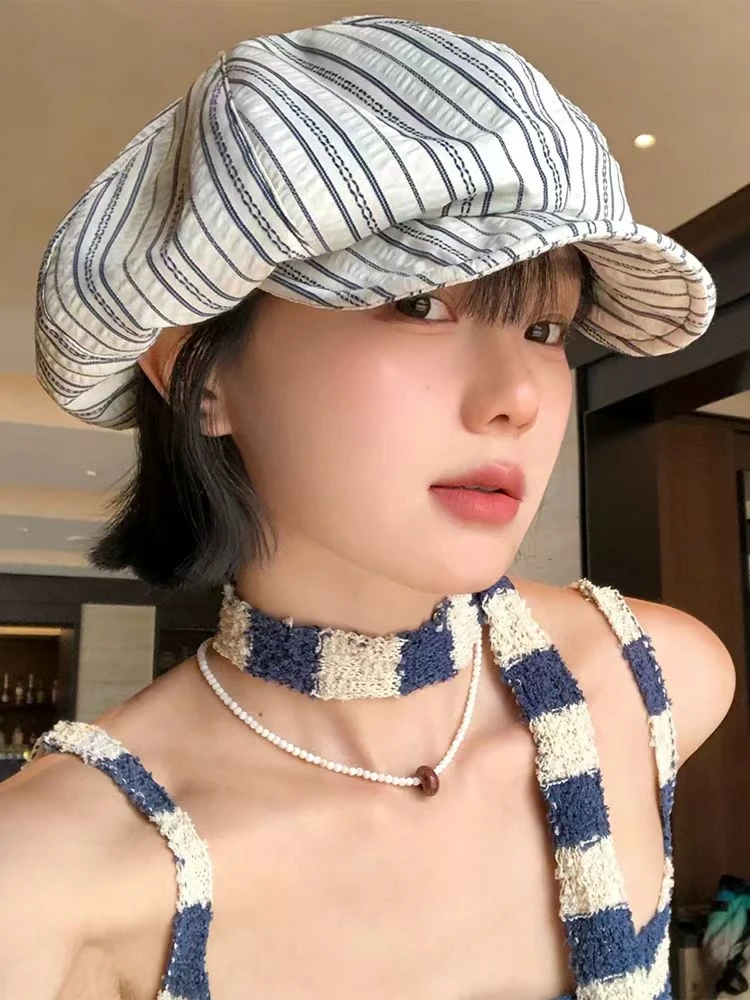 复古条纹褶皱贝雷帽女春夏季小众不规则大头围显脸小防晒画家帽子