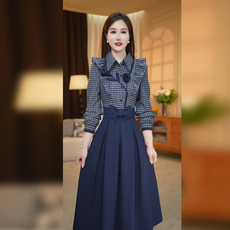 赛菲雅格纹拼接连衣裙女秋季2025新款收腰系带假两件高端a字裙子