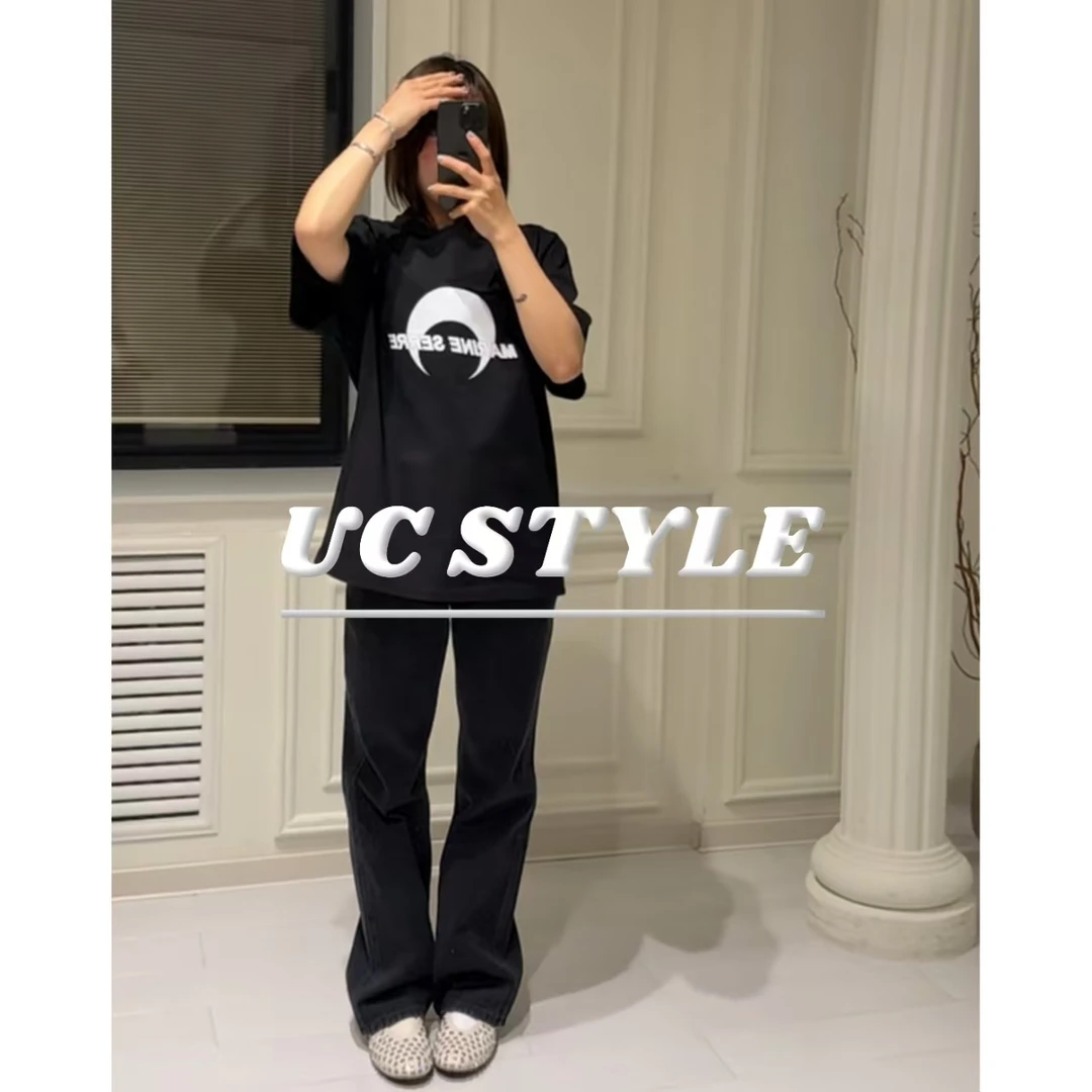 A7548月亮字母印花宽松短袖主播穿S码