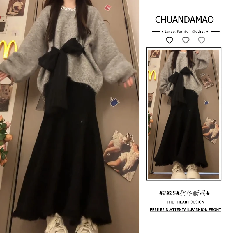 2025年秋冬季新款韩穿搭套装女慵懒风蝴蝶结拼接系带毛衣两件套潮